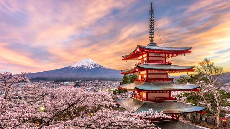 Chureito Pagoda in the spring with cherry blossoms in Japan in March.