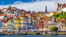 Skyline of Porto city from Duroro river in Portugal in March.
