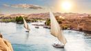 Sailboats on the Nile with the bright sun during winter in Egypt.