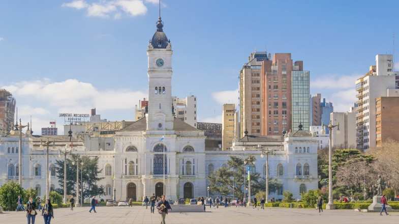 Urban day view at Moreno square with Palacio Municipal at the main subject in La Plata city in Buenos Aires Argentina