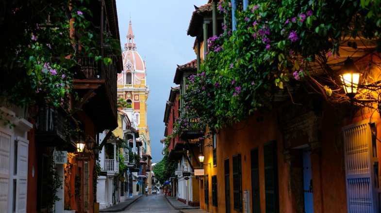 Cathedral Tower at the end of the road in Cartagena, Colombia in June