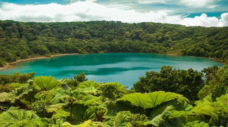 Blue lake in Poas National Park during winter in Costa Rica.