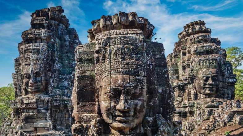 Sunlight faces of the tower in Bayon temple in Cambodia in September.