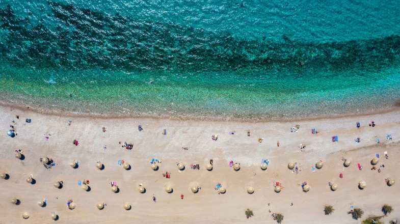 Aerial top-down view of the beach of Glyfada district, south Athens Riviera