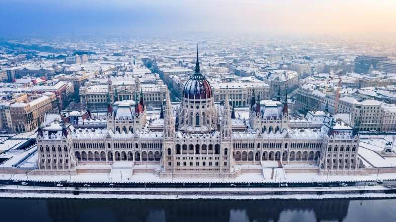 The Parliament building covered in snow in Hungary in January.