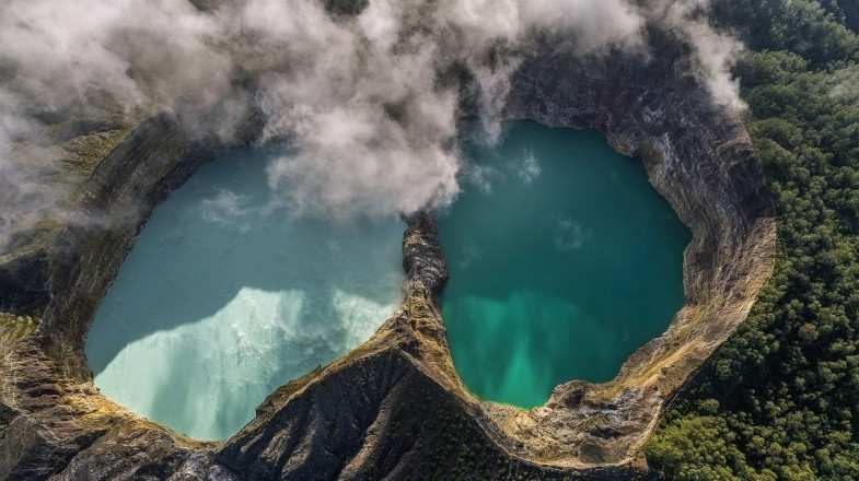 Aerial view of Kelimutu volcano and its crater lake, Flores, Indonesia