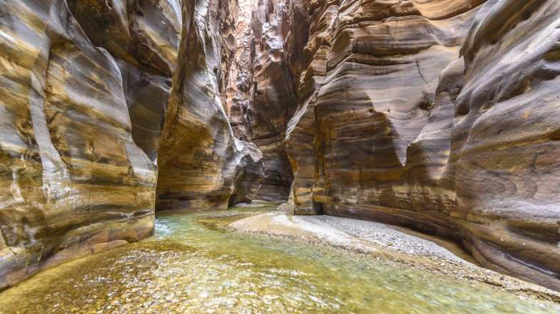 River canyon in Wadi Mujib in amazing golden light in Jordan in September.