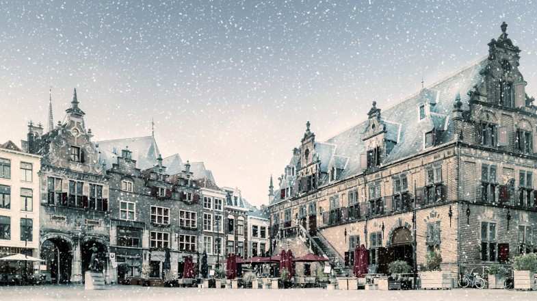 Snowfall at the city center of Nijmegen in the Netherlands in January.