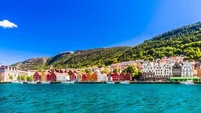 View of Bergen on a bright sunny day, Norway in September