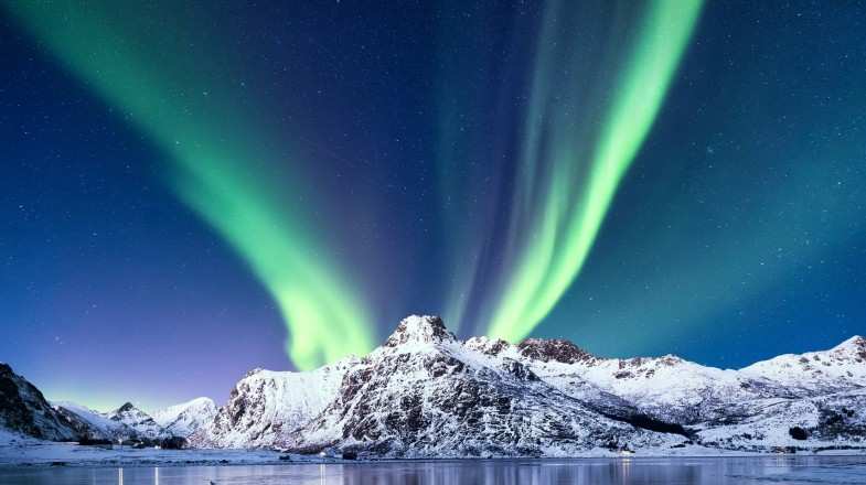 he Northern Lights in Lofoten island with frozen ocean in Norway in winter.