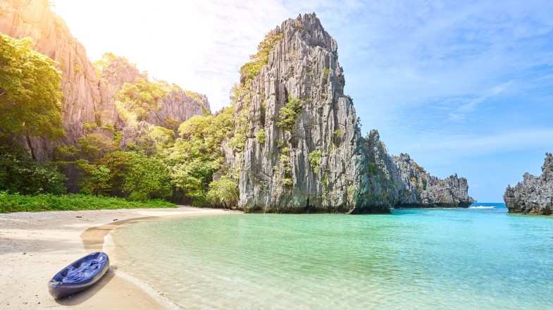 Breathtaking bay with turquoise water in EL Nido, a hidden beach in Palawan in the Philippines in March.