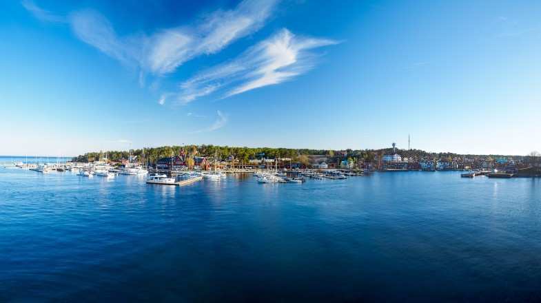 A panoramic view of the harbor in Sandhamn in Stockholm archipelago in Sweden in August.