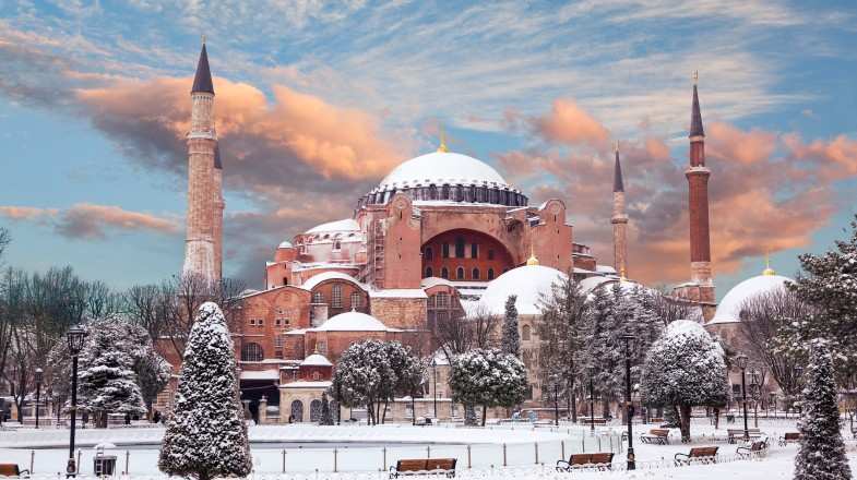 Visit Hagia Sophia when is covered in snow in Turkey in December.
