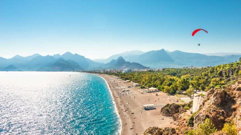 Panoramic view of the Antalya and Mediterranean seacoast in Turkey in September.