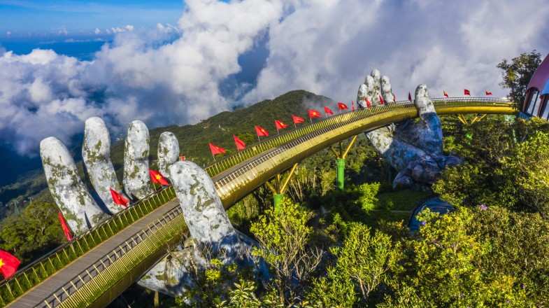 Golden Bridge lifted by two giant hands in Da Nang in Vietnam in May.
