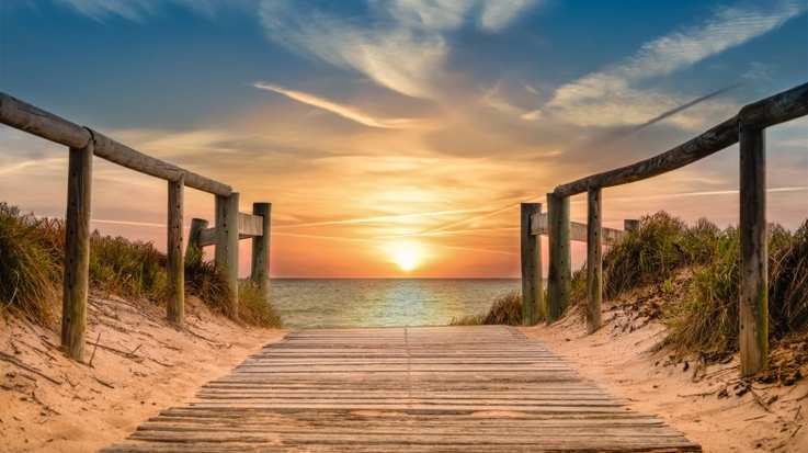 Beachside pathway leading to the ocean with sunrise in Australia in August.