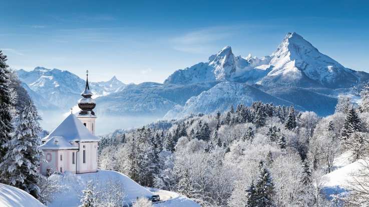 View of winter wonderland mountain scenery of Bavarian Alps in Germany in February.