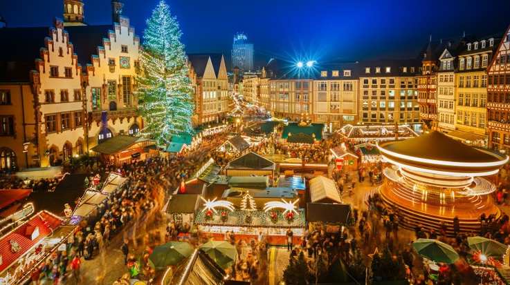 Traditional Christmas market in the historic center of Frankfurt in Germany in December.