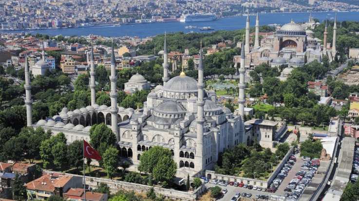 The famous Blue Mosque in Istanbul has six minarets and is a focal point of the city.
