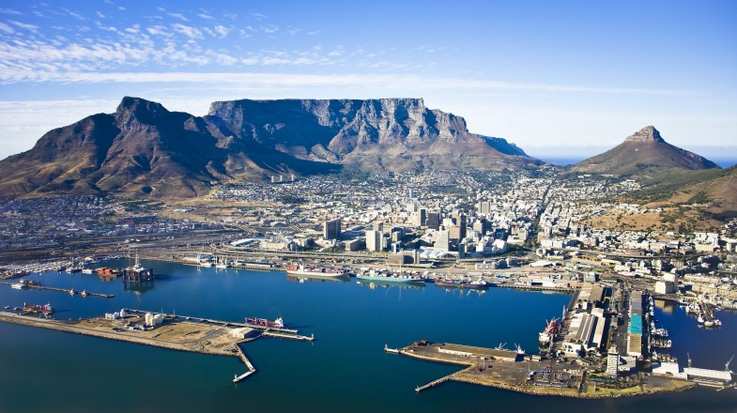 An aerial view of Cape Town city centre with Table Mountain in South Africa in January.