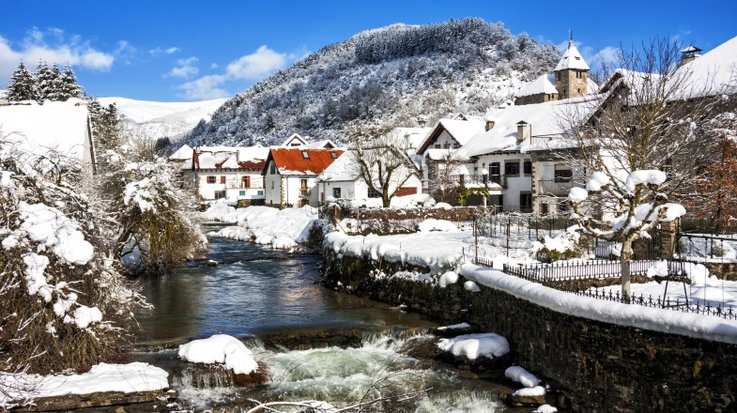 Snowfall in Ochagavia village in Navarra Spain