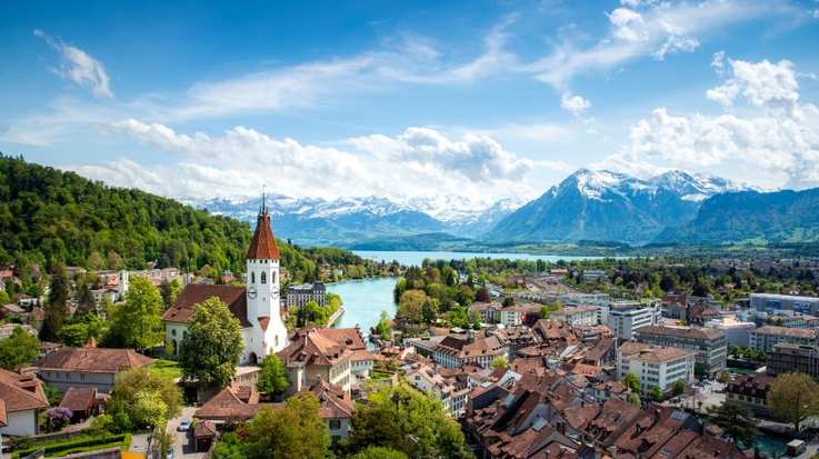Panoramic view of the city of Thun on a sunny day in Switzerland in summer.