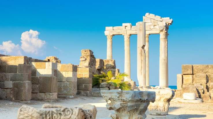 The ruins of Temple of Apollo in Side on a summer day in Turkey in August.