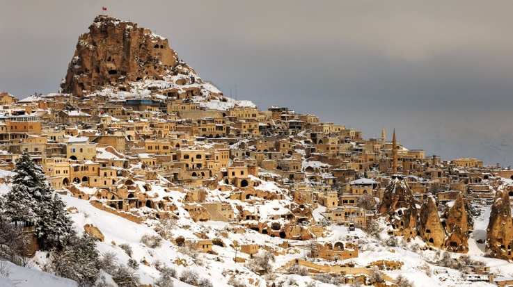 A winter day in Cappadocia with snowfall in Turkey in November.