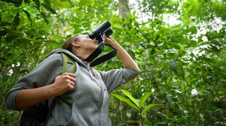 A tourist viewing wildlife in Costa Rica with binoculars.