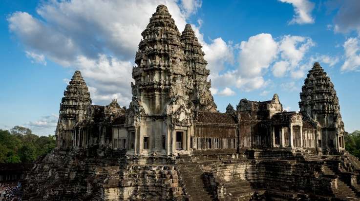 A view of Angkor Wat on a cloudy day you can see in Cambodia in April.