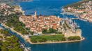 Panorama view of harbour town with a beautiful seafront of Trogir, Croatia in February