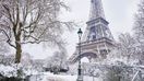 Scenic view to the Eiffel tower with heavy snow in France in February.