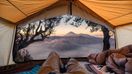 View of Bromo active volcano inside a tent in the morning at Bromo Tengger