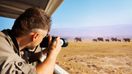 A photographer clicking pictures of a herd of elephants; one of the best things to do in Kenya.
