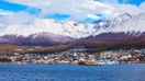 The cruise ship leaving from Ushuaia to Antarctica on a cloudy day.