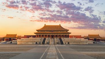 The Forbidden City in Beijing during sunset in China in November.