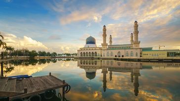 Colorful sky at Kota Kinabalu City Mosque in Malaysia in August.