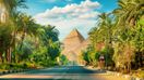 View of a road in Giza filled with green trees on a sunny day in Egypt in August.