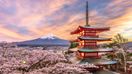 Chureito Pagoda in the spring with cherry blossoms in Japan in March.