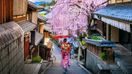 A geisha strolls the traditional narrow streets of Kyoto, with a cherry tree blossoming nearby, 10 days in Japan.