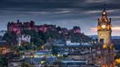 Edinburgh Castle and cityscape at night in Scotland in May.