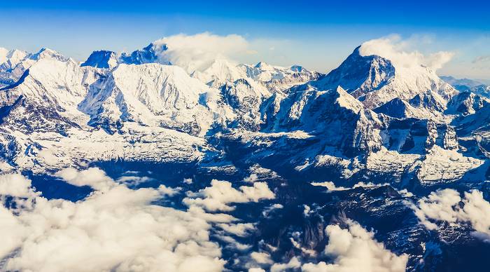 Everest range view from mountain flight with Mt Everest and Makalu.