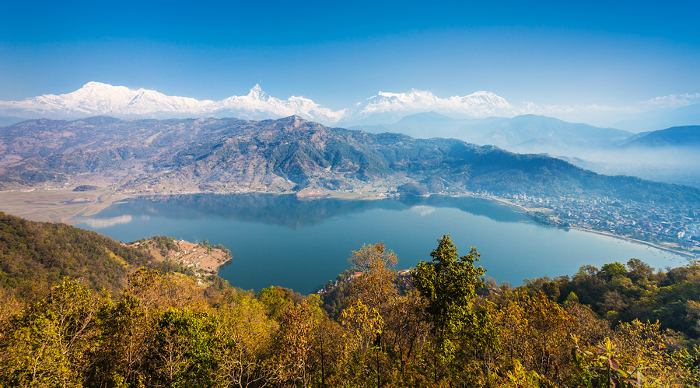 Aerial view to Phewa lake and Annapurna range from World Peace Pagoda in Pokhara Nepal