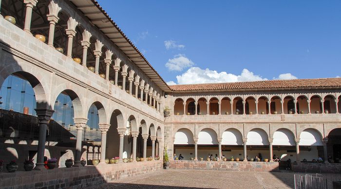 Spanish Colonial cloister courtyard Inca temple of the sun (Koricancha / Qorikancha) Cusco Peru South America