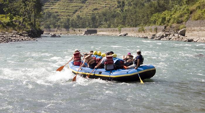 Whitewater rafting on the Bhote Koshi river in Nepal. The river has class 4-5 rapids.