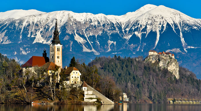 Lake bled with castle, church and peaks