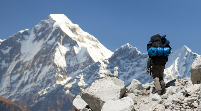 View of mount Dhaulagiri with tourist at the Great Himalaya Trail