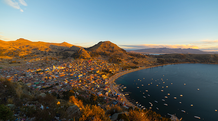 Panoramic view of Copacabana Bay on Titicaca Lake in Bolivia.