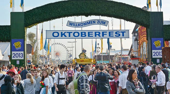 Crowds of visitors at the annual Oktoberfest celebrating the opening day