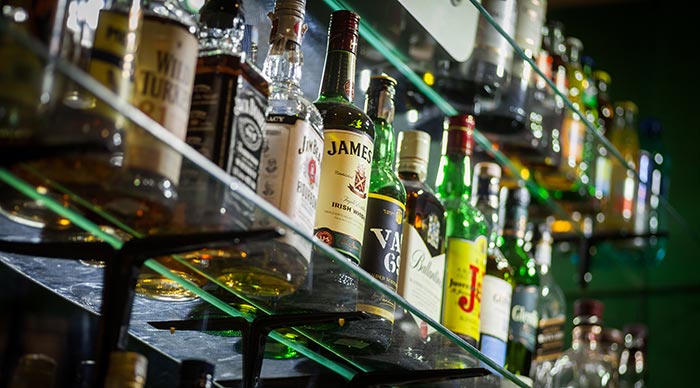 Several types of bottled alcohol in Nikka Blender’s Bar Tokyo